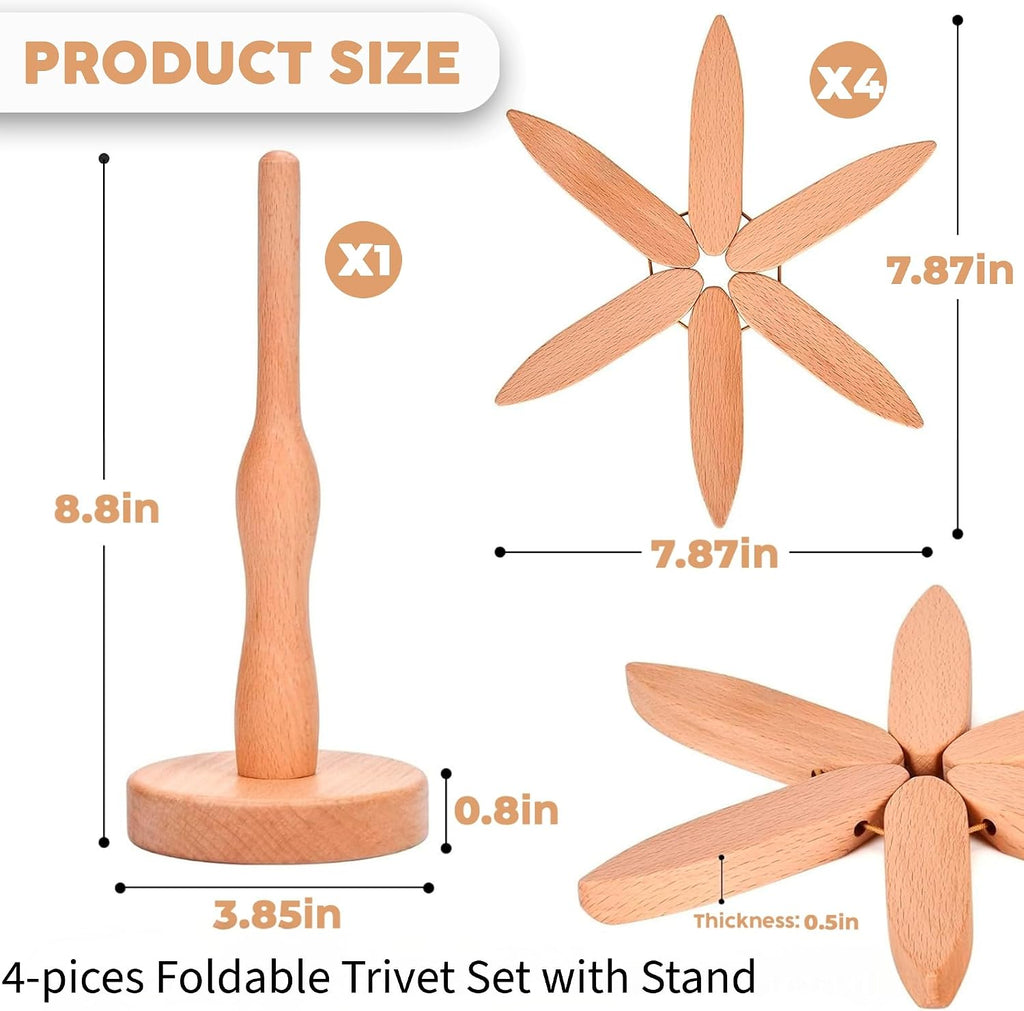 Foldable Black Walnut Wooden Trivet Set - 4 Heat-Resistant Trivets with Stand for Hot Dishes, Pots, Bowls, Teapots - Set of 4
