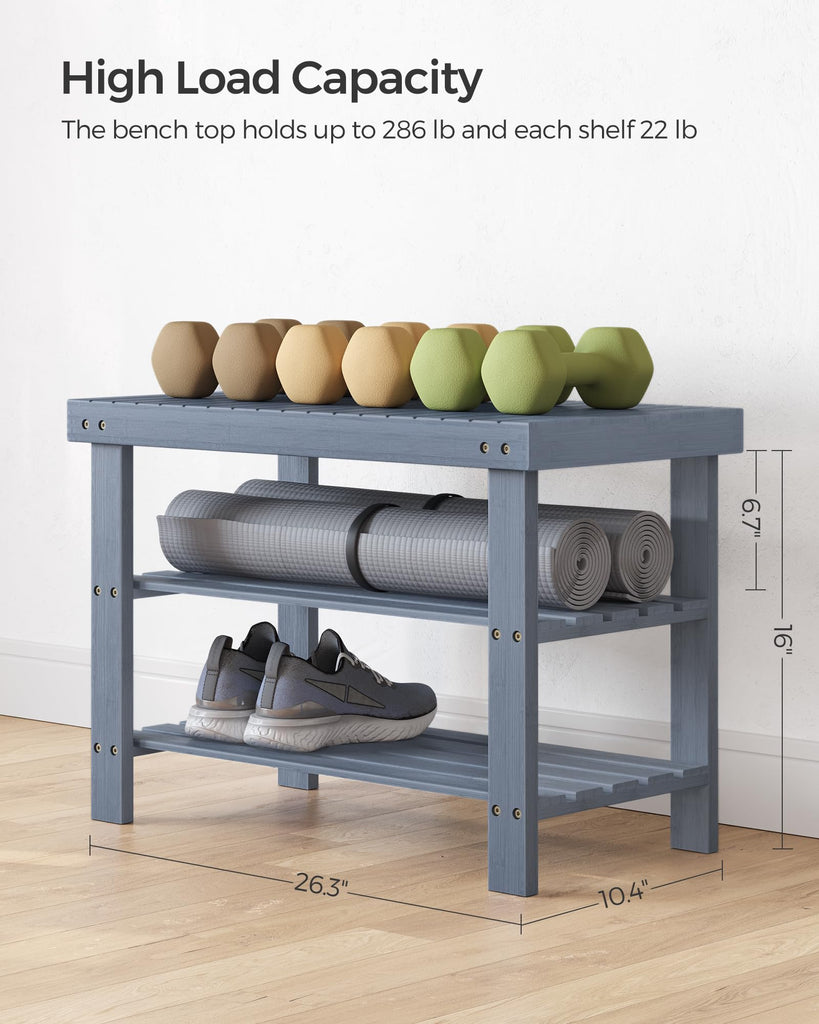 Shoe Rack Bench, 3-Tier Bamboo Entryway Bench, 27.6 Inches Width