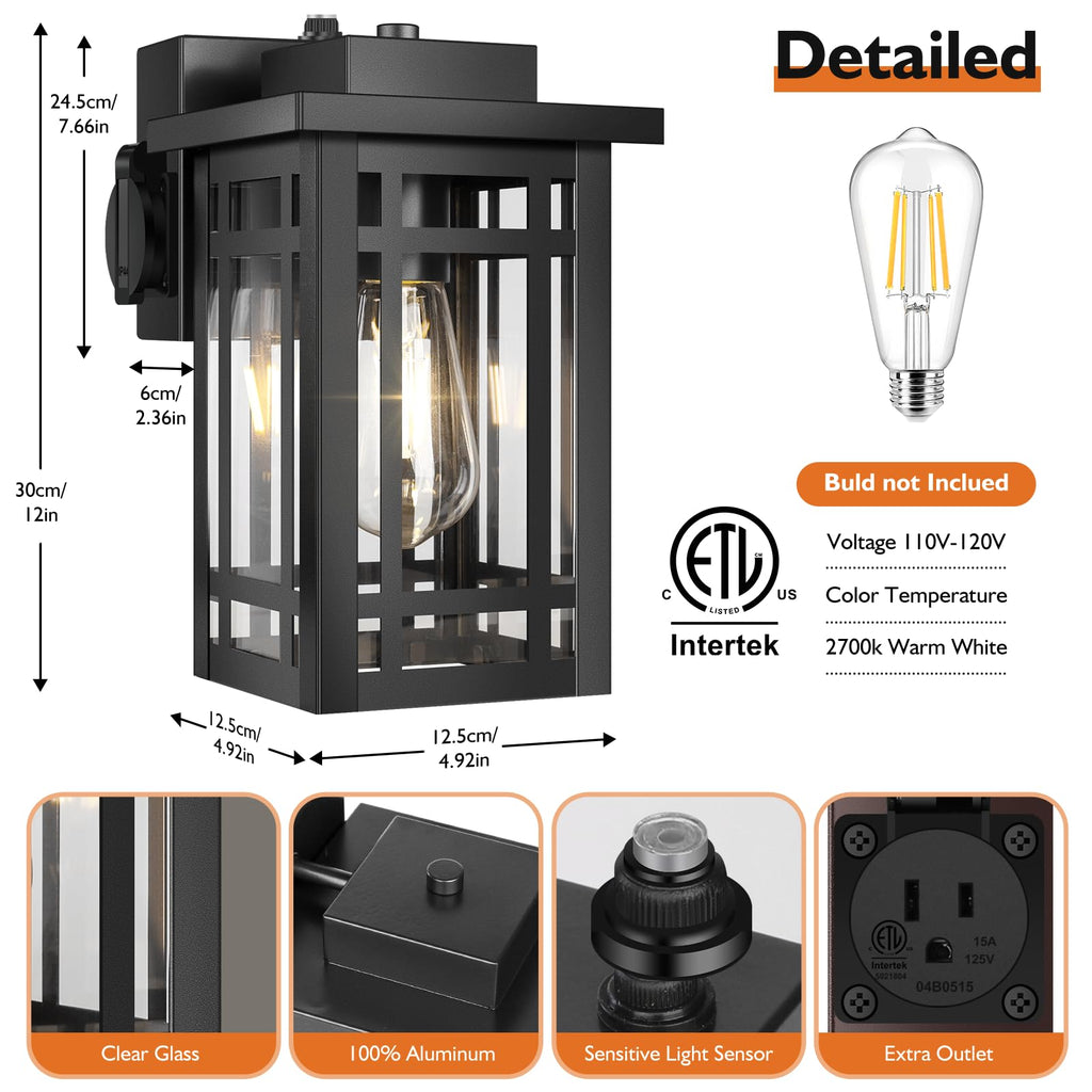 2-Pack Outdoor Porch Lights with Outlet, Dusk to Dawn Motion Modern Outdoor Wall Lights Exterior Lighting Fixtures