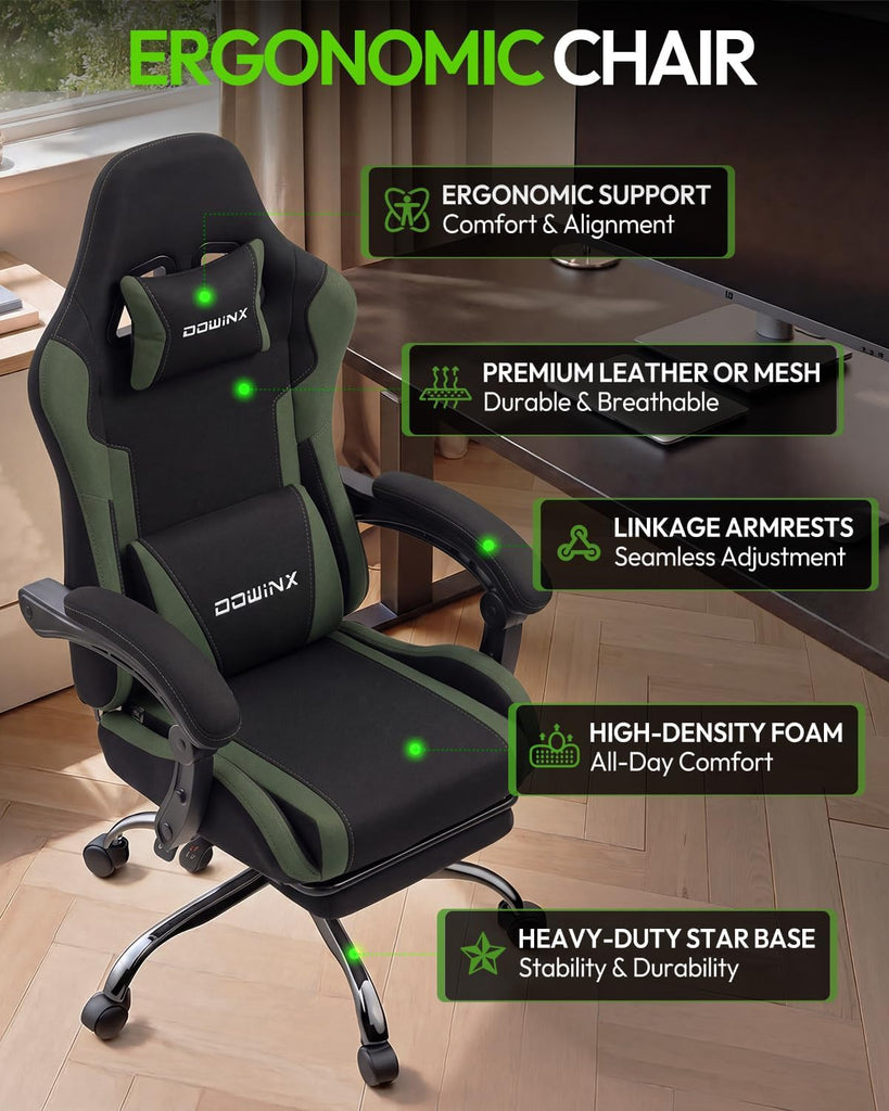 Ergonomic Gaming Chair with Footrest & Massage Lumbar, 2D-Linkage Armrests for Computer Chair 330lbs with Headrest