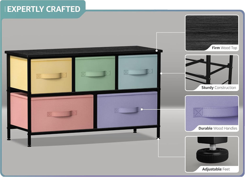 Dresser with 5 Drawers - Furniture Storage Chest for Kid's, Teens, Bedroom, Nursery, Playroom, Clothes, Toys - Steel