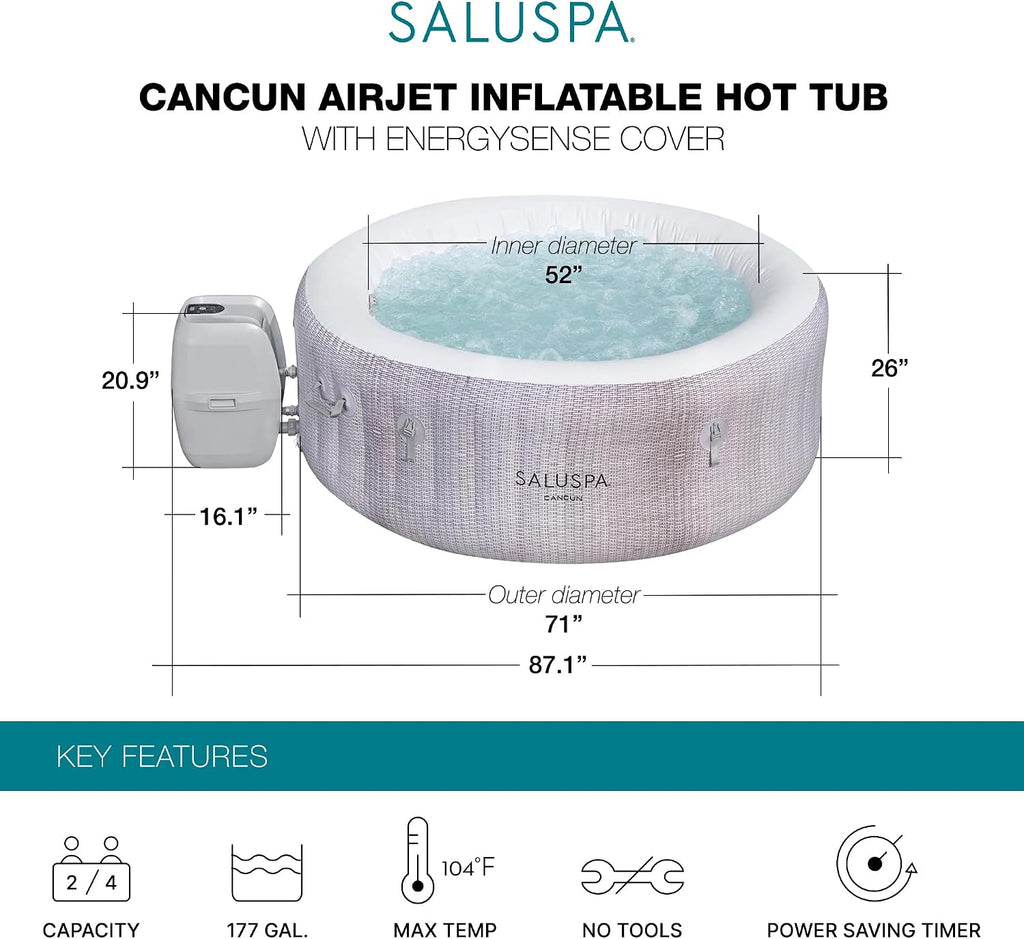 SaluSpa Cancun 2-4 Person Inflatable Hot Tub, Round Energy-Efficient Portable Spa with 120 AirJets, 71" x 26"