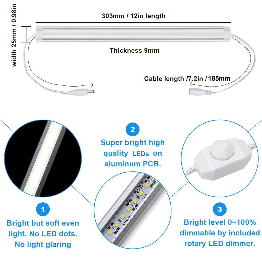 Kitchen Under Cabinet LED Lighting Kit, Super Bright, 6 PCS 12 Inches Light Bars, Plug-in or Hardwire Power Adapter
