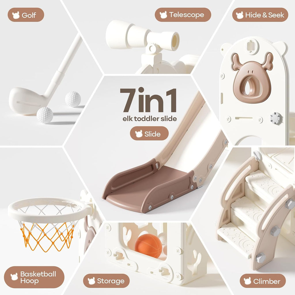 7 in 1 Toddler Slide, Kids Slide for Toddlers1-3,Beige & Rosy Brown