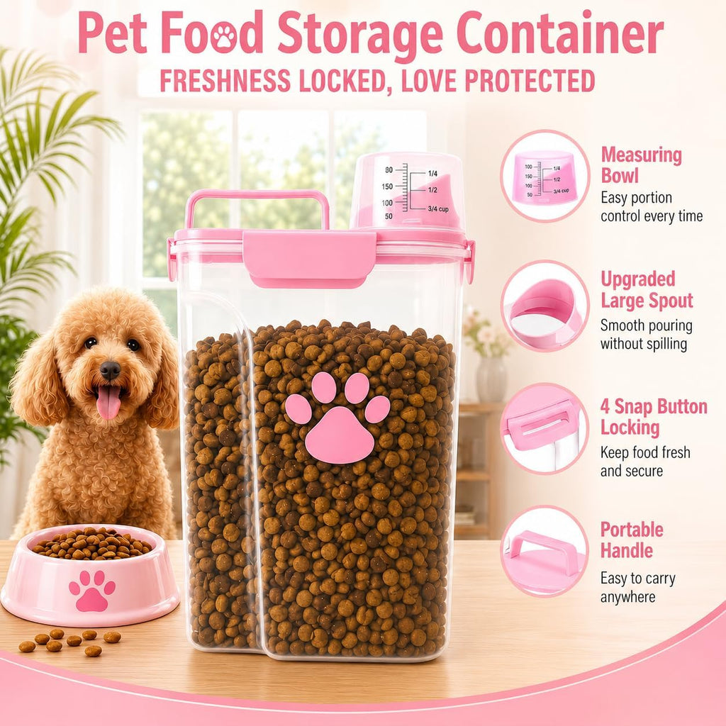 5-7Lbs Airtight Dog Cat Food Storage Container with cleaning brush, Measuring Cup, 4 Snap Seals, Portable Pet Food