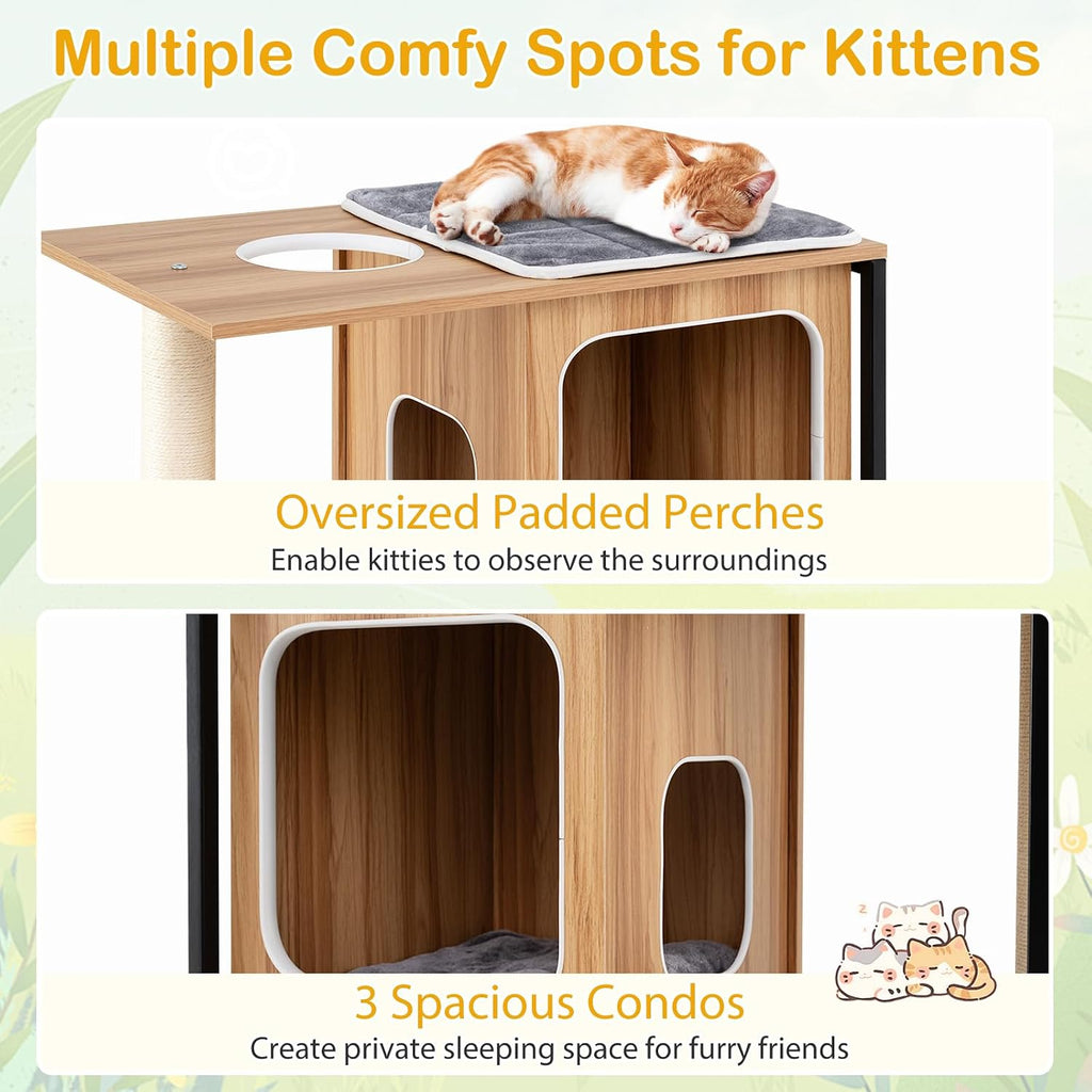 52-inch Wood Cat Tree for Indoor Cats, Multi-Level Solid Metal Framed Wooden Cat Tower with Sisal Scratching Posts