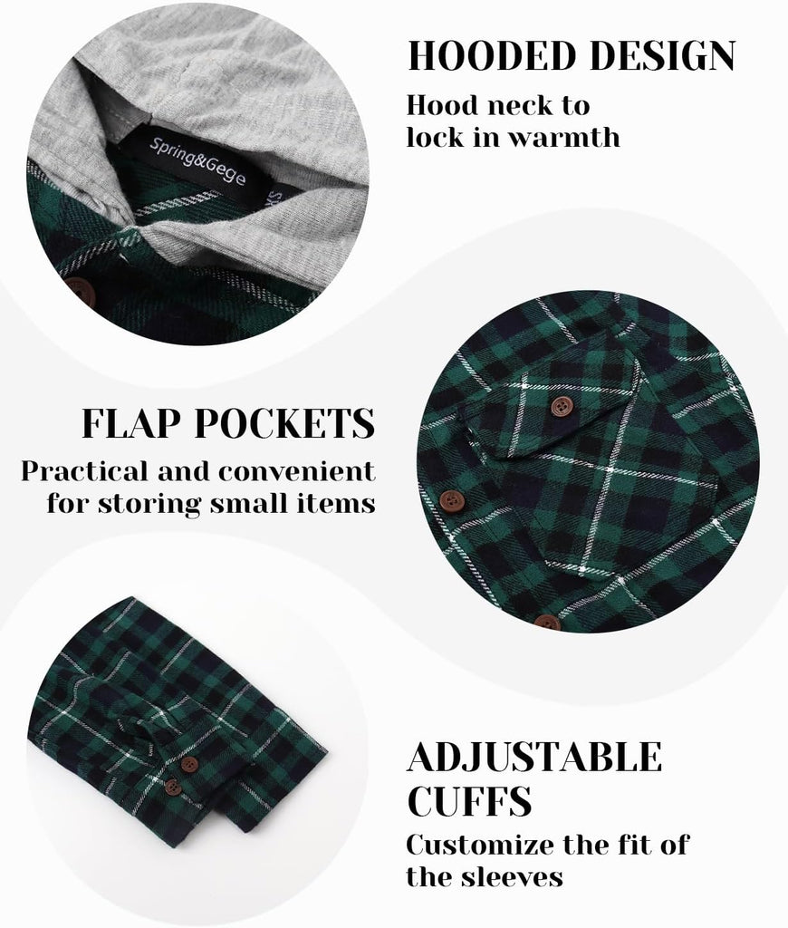 Boys Flannel Hoodie Shirts Long Sleeve Plaid Button Down Shirt