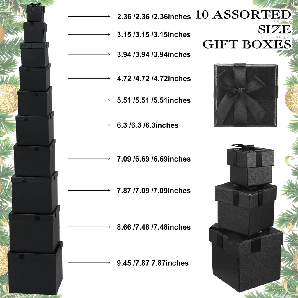 10 Pcs Xmas Gift Box with Lid Bow, Black, 10 Size