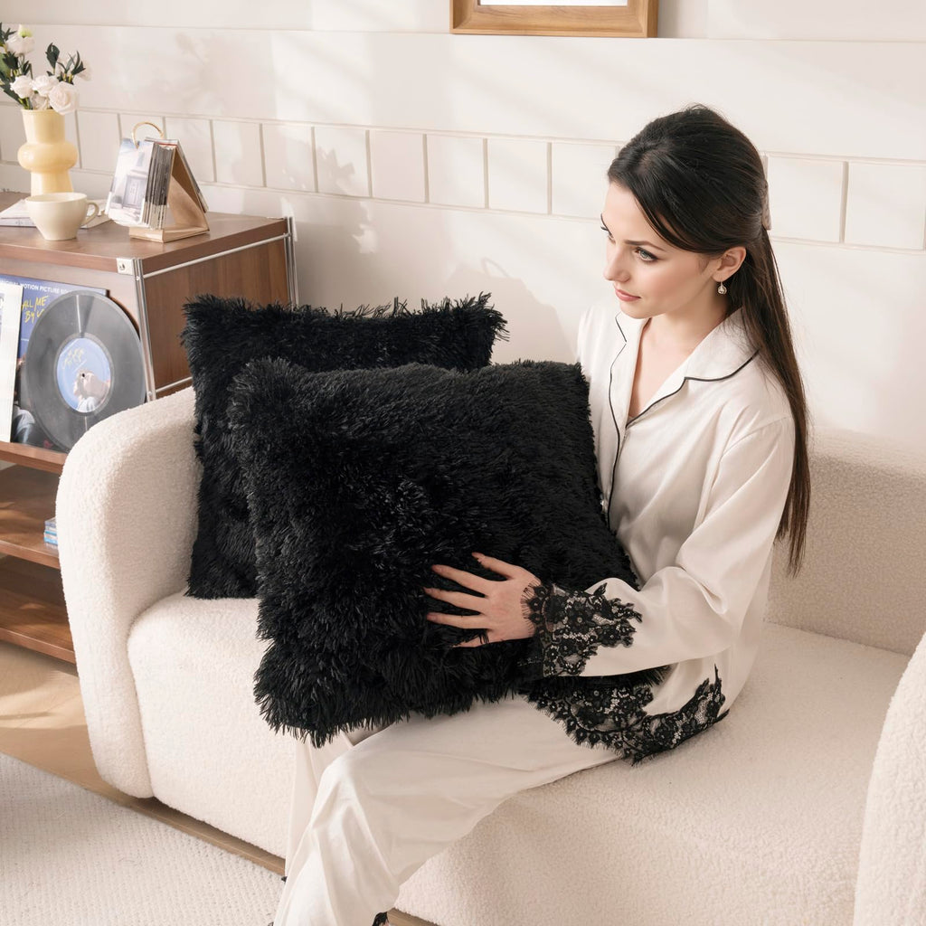 Faux Fur Black Throw Pillow Covers, Fluffy Soft Fuzzy Decorative Pillow Cases Cute Pillowcases Bedroom Living Room