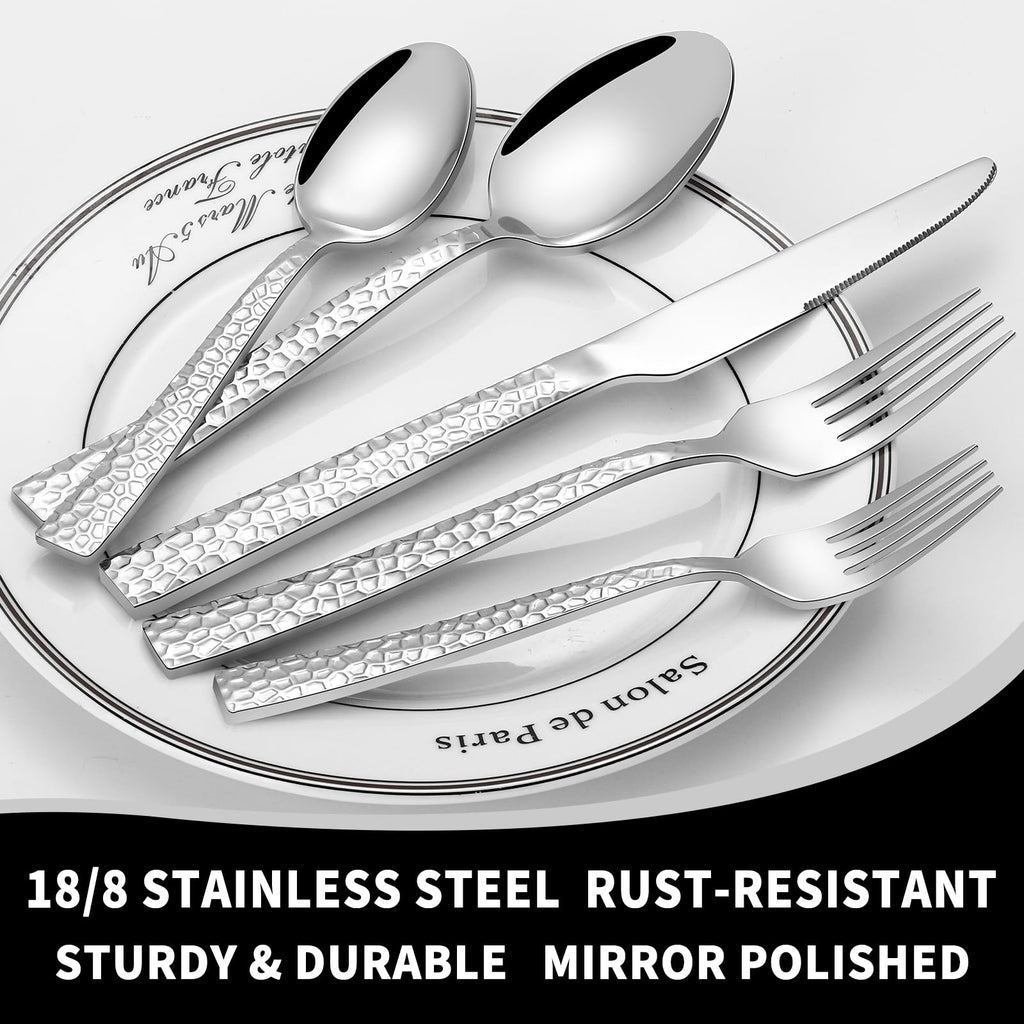 Silverware Set, Hammered Stainless Steel Flatware Set for 4, Kitchen Utensil Cutlery Set Include Forks