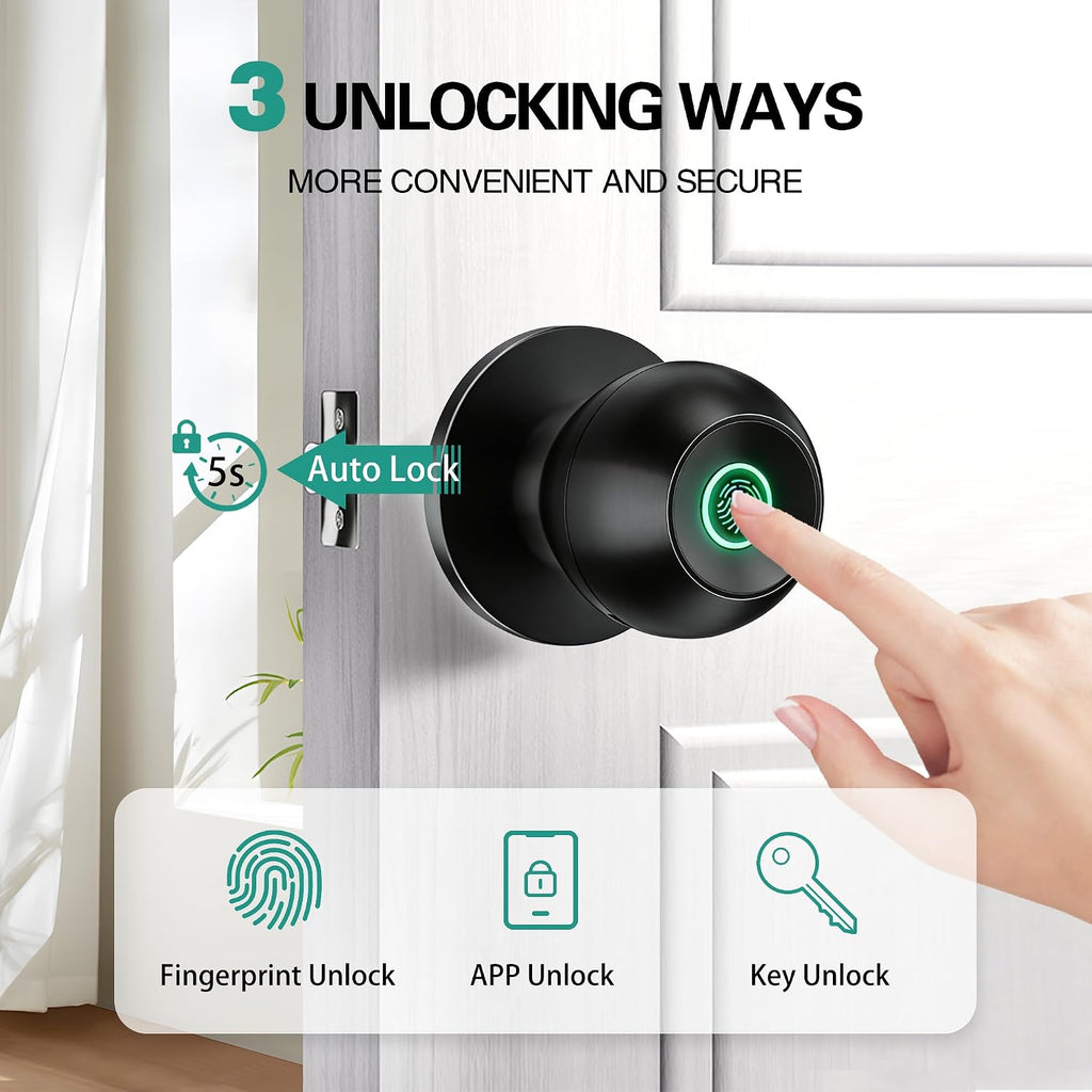 Smart Door Knob, Fingerprint Door Knob, Biometric Smart Door Lock with App Control, Metal Alloy Door Knobs, Easy