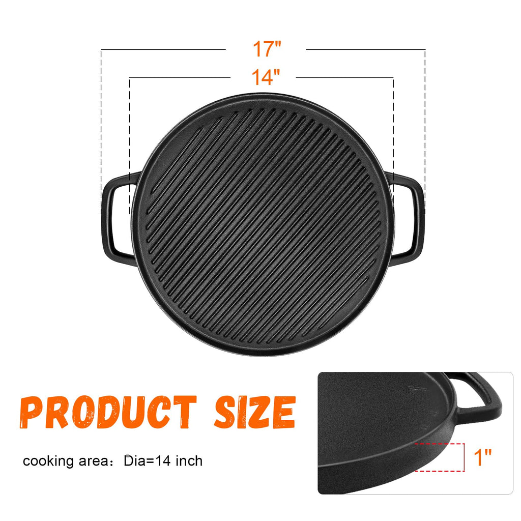 Reversible Cast Iron Griddle for Stove Top, 14" Round Griddle Pan