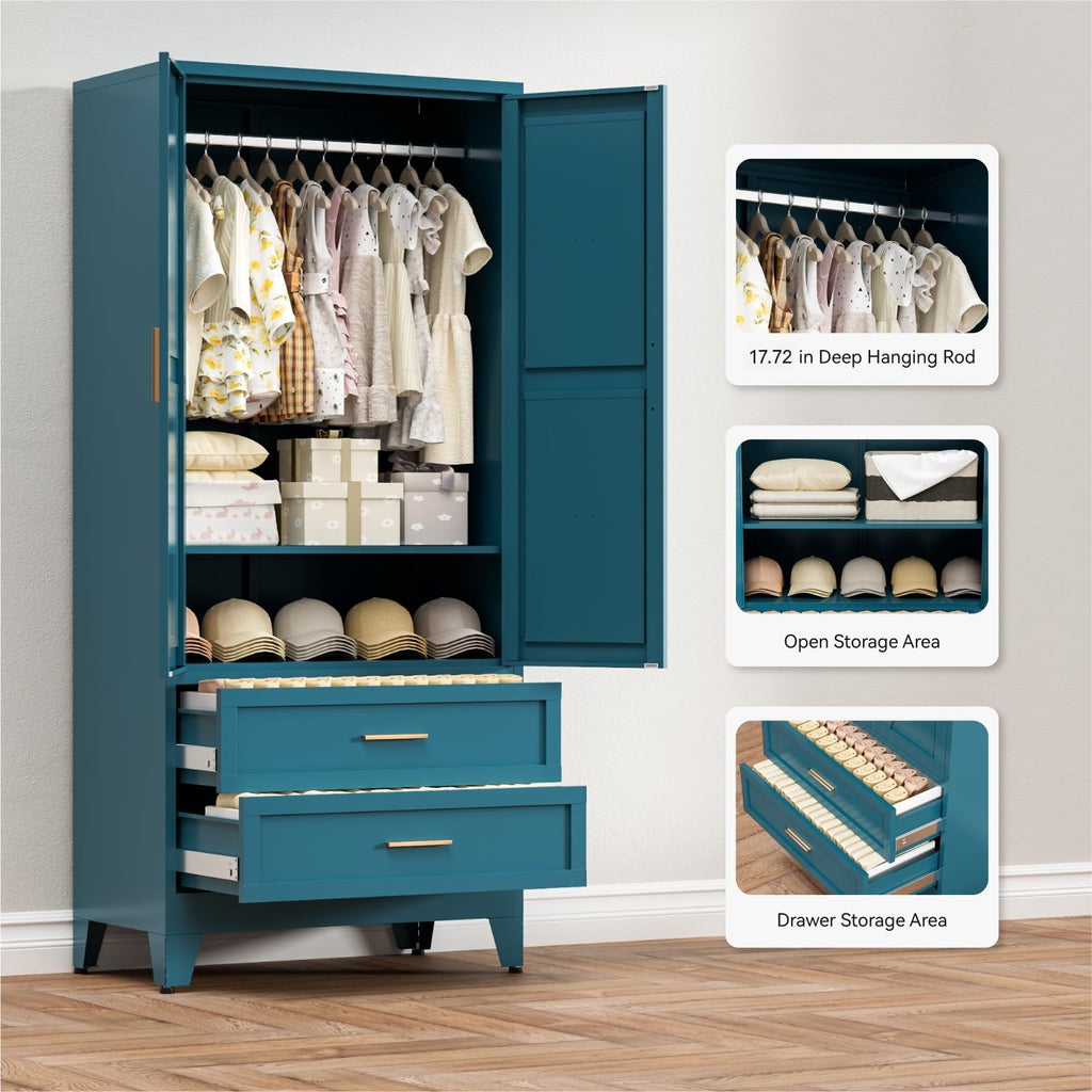 Metal Armoire Wardrobe Closet with Drawers, 71'' Tall Farmhouse Bedroom Armoires with Doors, Freestanding Steel