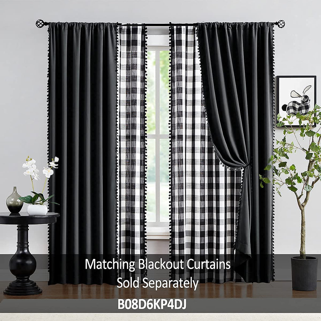 White Black Buffalo Check Curtains 84" Gingham Plaid Pom Pom 2