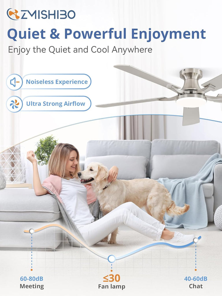 52 Inch Ceiling Fan with Light, App&Remote Control, Flush Mount Low Profile, Dimmable 20W LED Light, Quiet Reversible Motor for Bedroom, Living Room, Apartment, Nickel A101-B0DPHBW77W