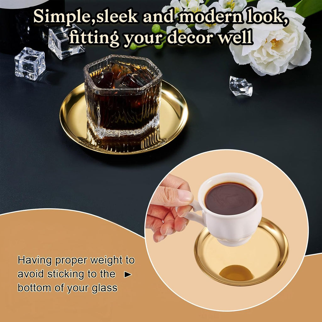 Gold Drink Coaster Stainless Steel Metal Cup Mat Flat Round MCM Style Gold Coasters for Wedding Drinks Coffee - Set of 6