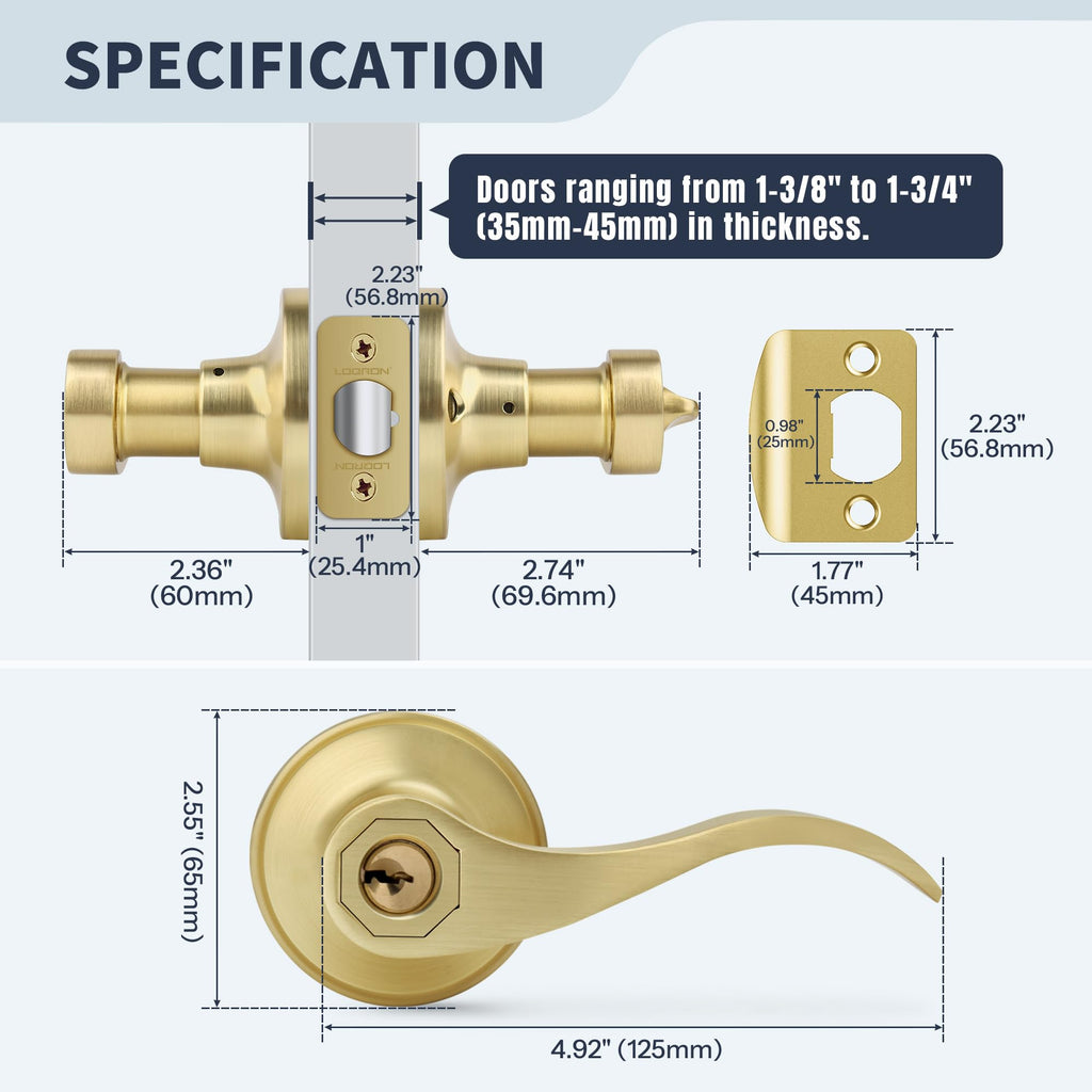 Wave Style Gold Door Handles with Lock and Key (Keyed Differently), Brushed Gold Keyed Entry Door Handle, Reversible