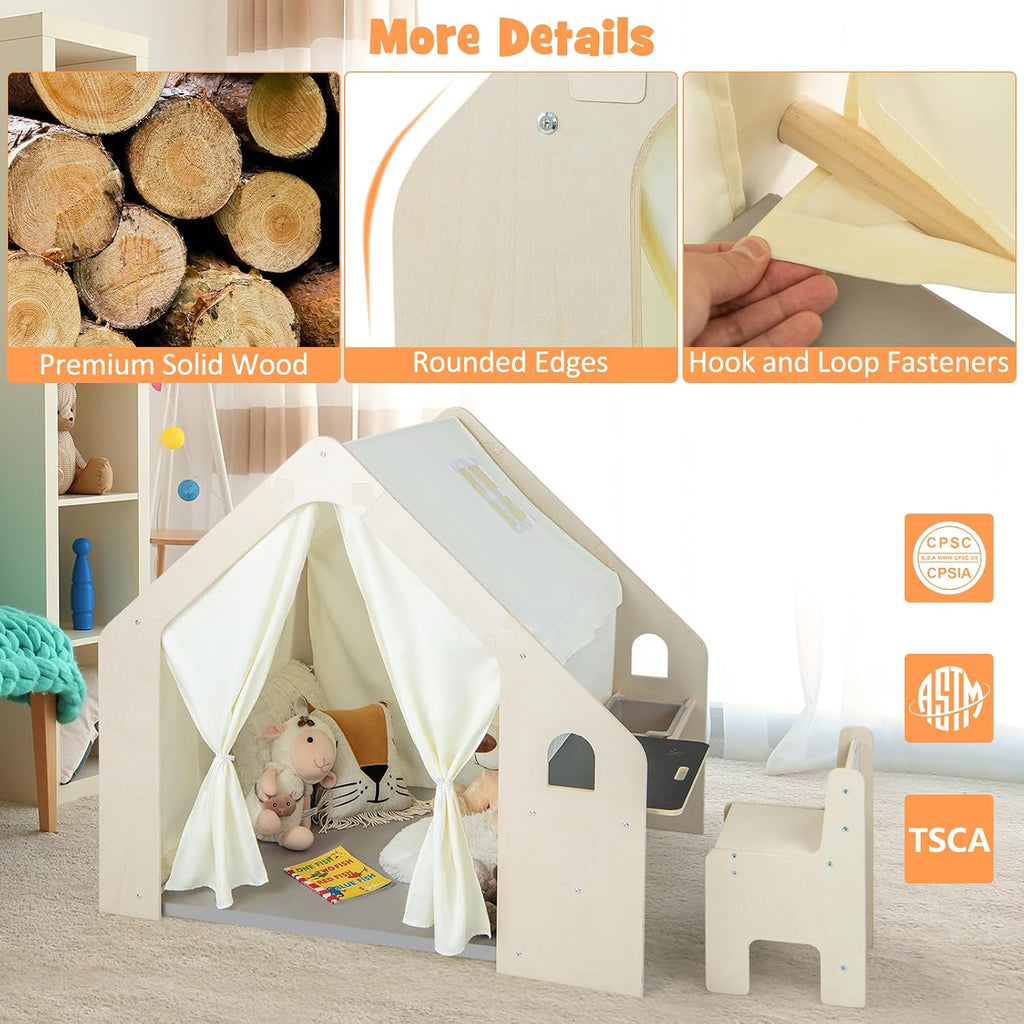 Kids Tent, in-1 Wooden Frame Play House with Table and Chair Set, Blackboard, Side Storage Bag & Soft Floor Mat