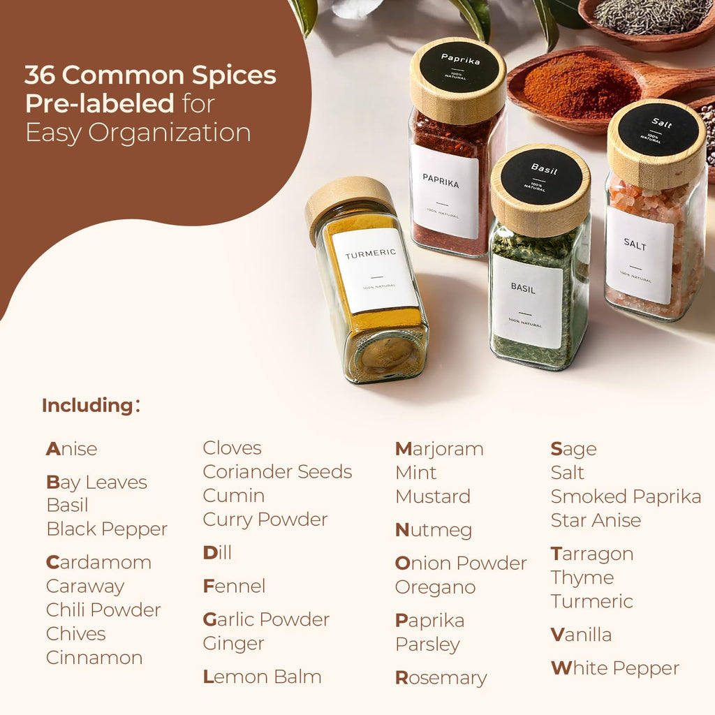 Glass Spice Jars with with Labels 4 oz 24 Pack Bamboo Lids Bulk Set