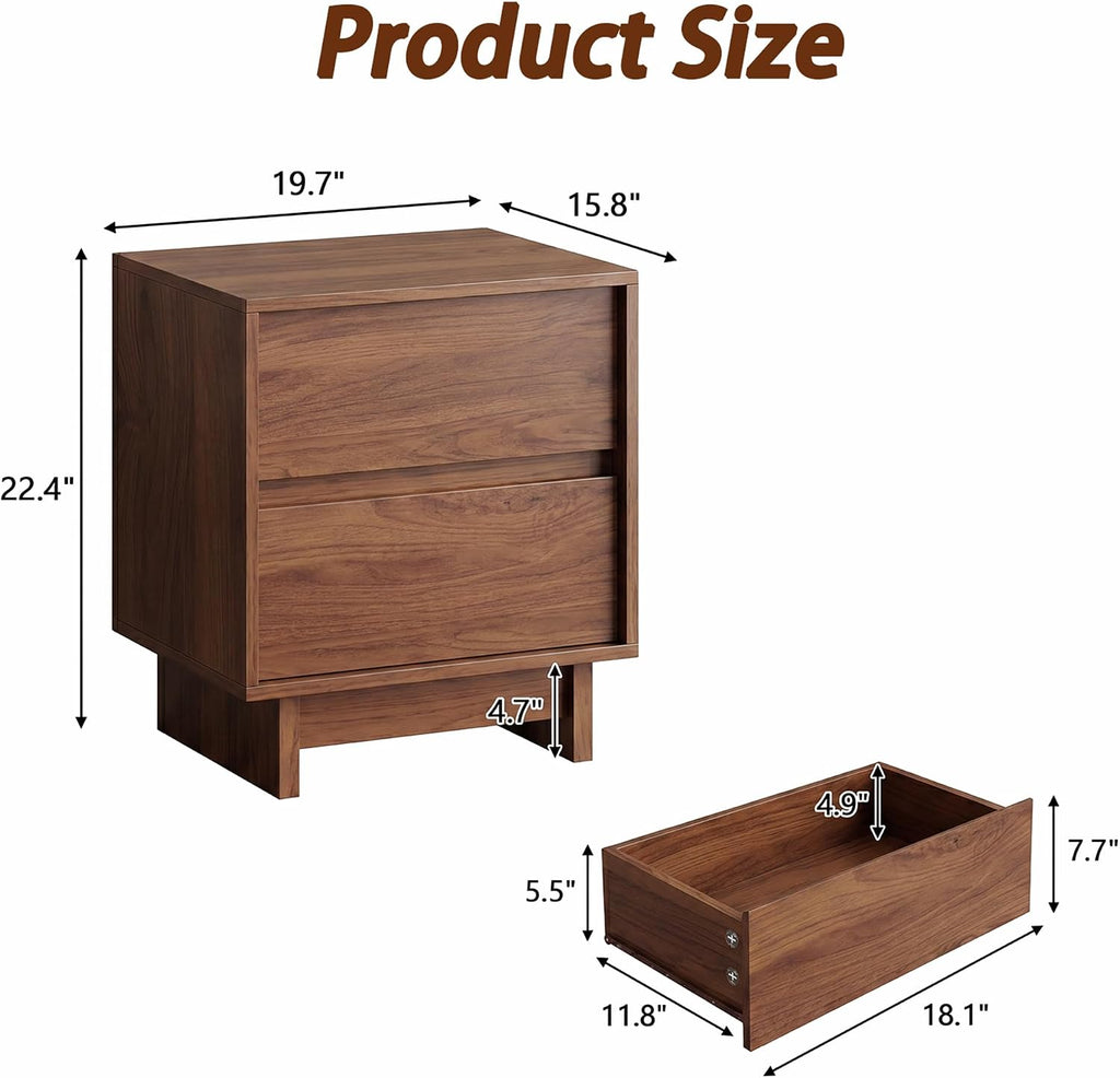 2 Pcs Walnut Nightstand Set for Bedroom, 2 Drawer Bedside End Table