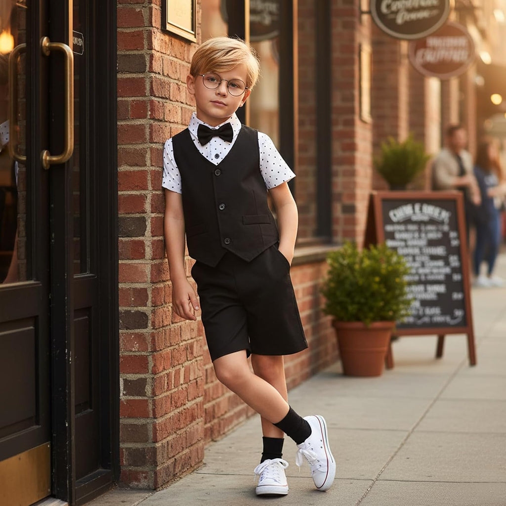 Boy Gentleman Outfits Short Sleeve Bowtie Shirt with Vest and Shorts Formal Wedding 3Pcs Suit Set