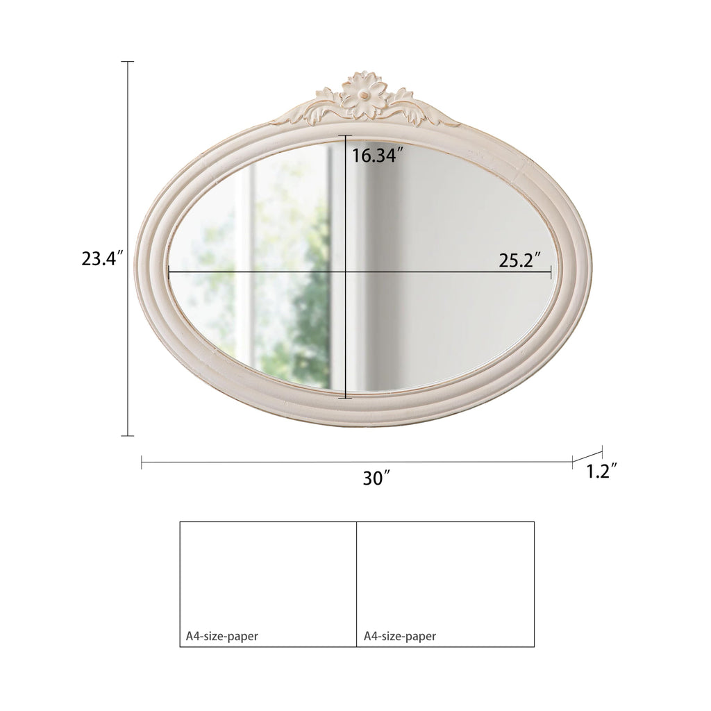 Vintage Oval Mirror, Distressed White, 24 X 30 Inch