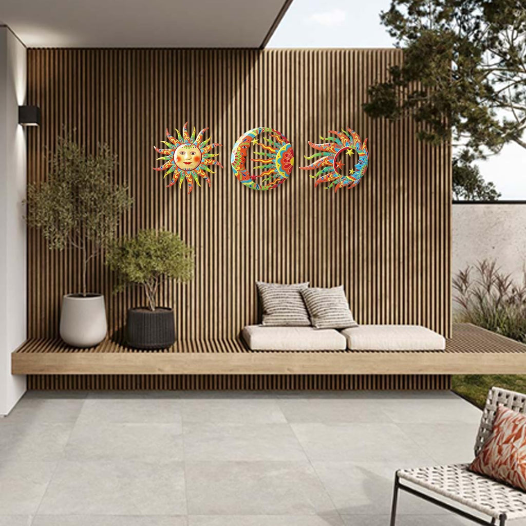 Sun Moon Sun Face Metal Wall Sculpture, Indoor Outdoor Garden Fence Decor - Set of 3