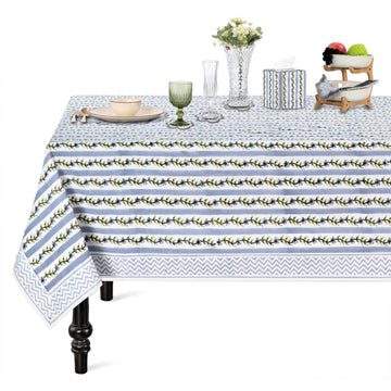 Blue Meadow Vine Hand Block Print Rectangle Tablecloth 120x80 Inch