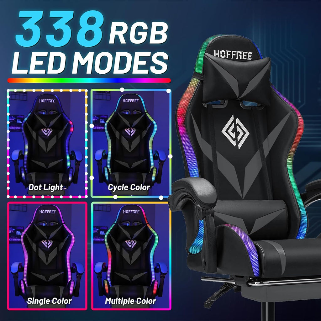 Gaming Chair with Bluetooth Speakers RGB LED Lights Computer Chair-Grey | Ergonomic Massage Game Chair with Footrest