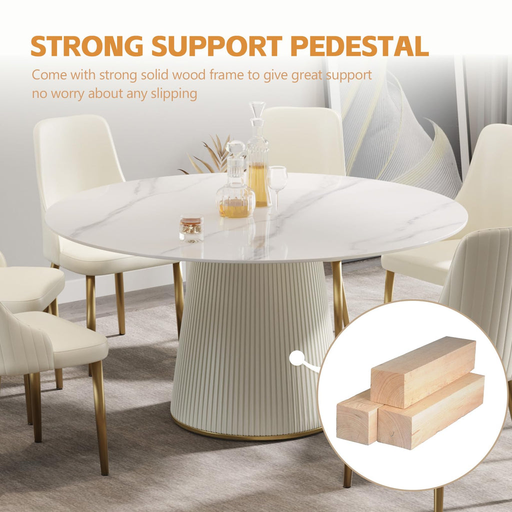 59'' Round Marble Dining Table for 6, Modern White Sintered Stone Top Kitchen Table, Faux Marble Circle Dining Table