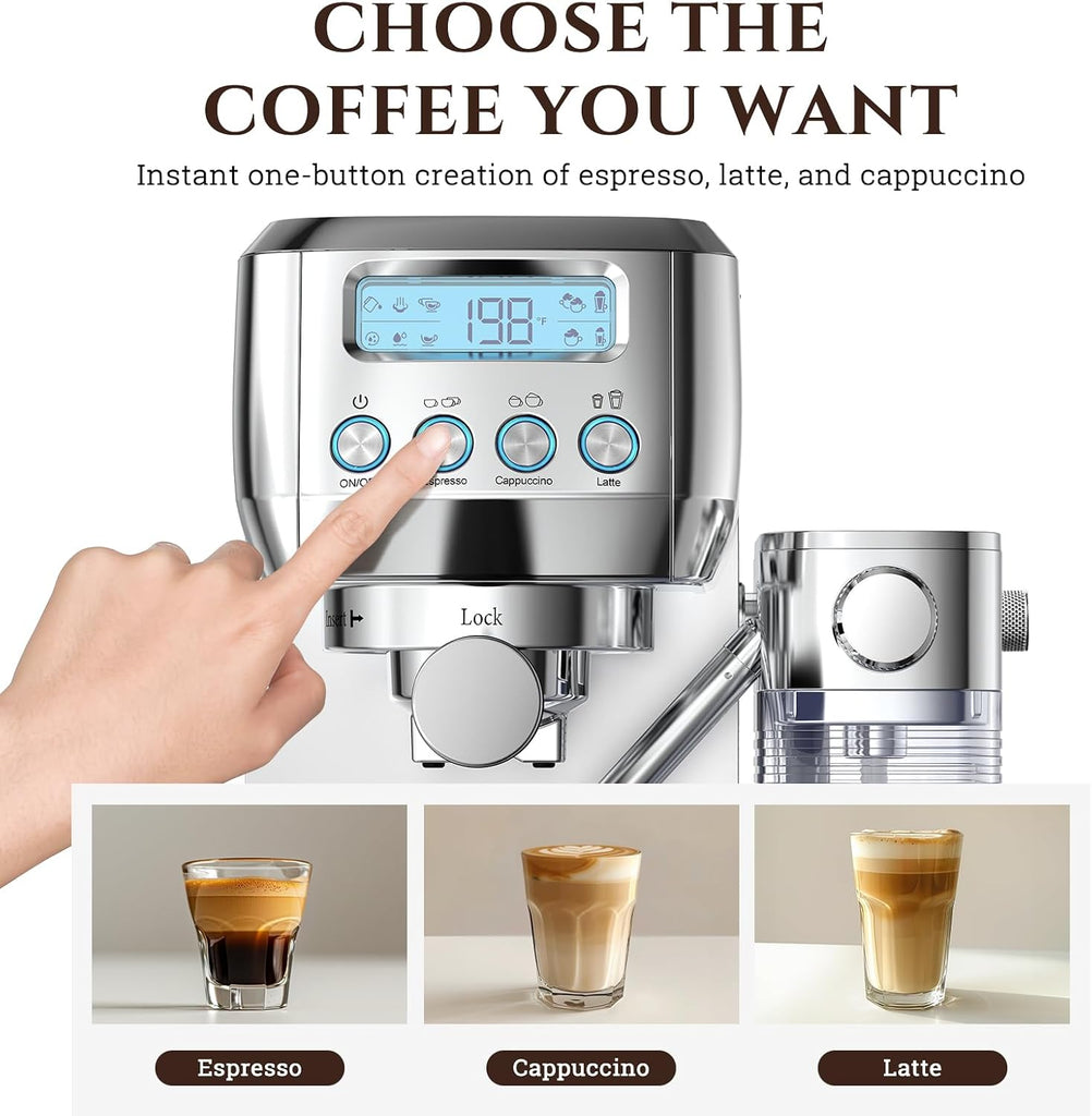 Espresso Machine, Auto Milk Frother, 20 Bar Pressure, Silver | Home Coffee Maker with 61oz Removable Tank & LCD