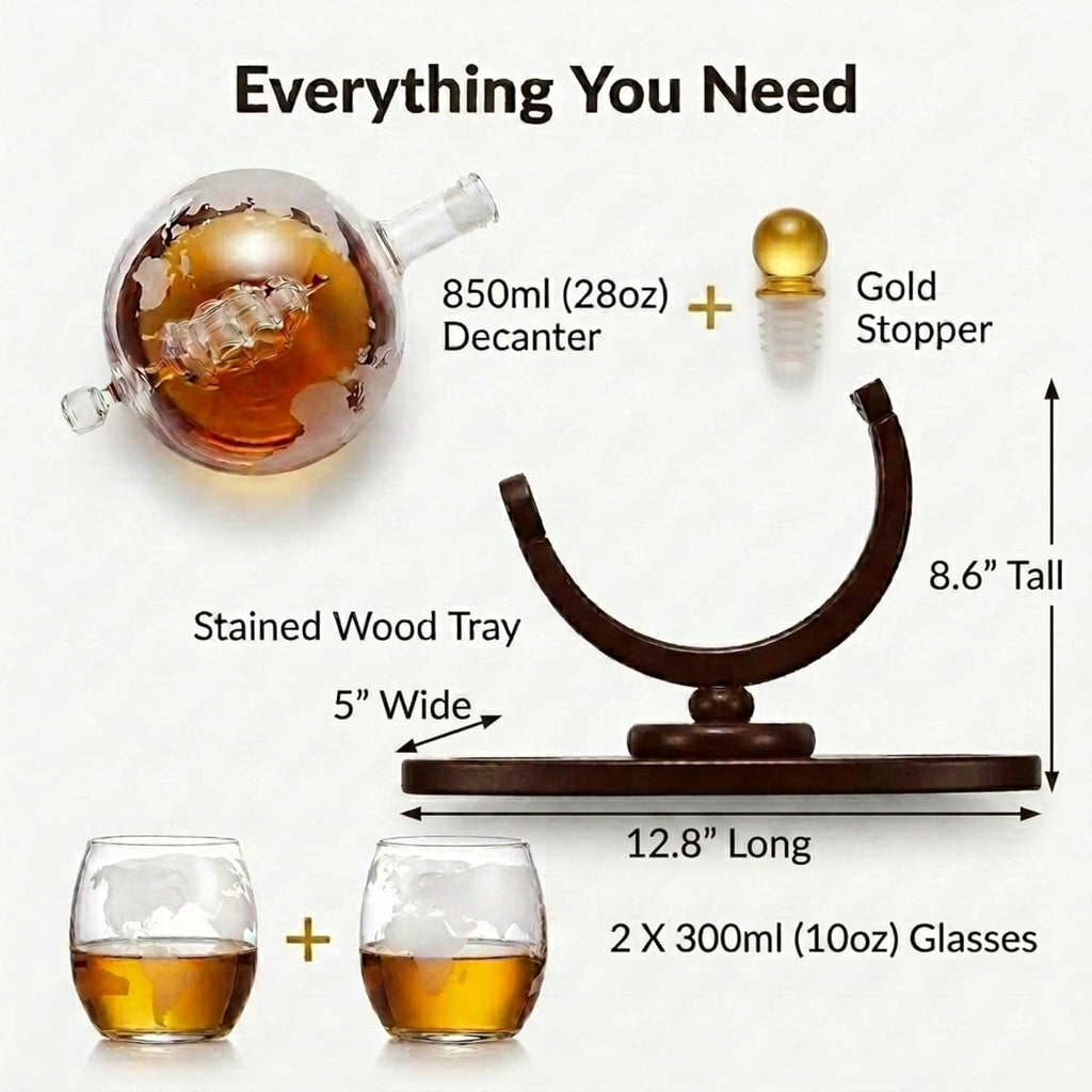 Gifts for Men, Whiskey Decanter Globe Set with 2 Etched Whiskey Glasses - for Liquor Scotch Bourbon Vodka, Gifts