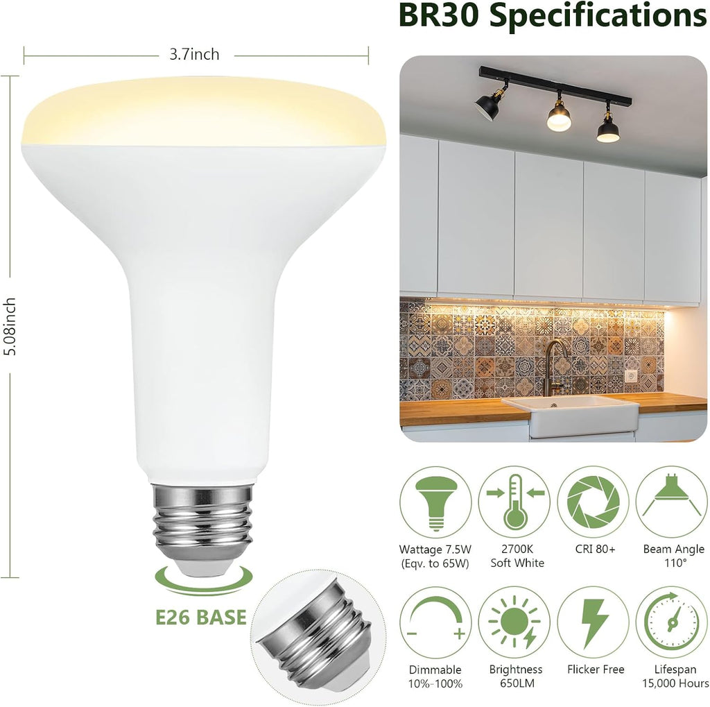 12 Pack BR30 LED Recessed Can Light Bulbs, 7.5W Equivalent 65W, 650 Lumens, 2700K Soft White, Dimmable, CRI 80, 110°