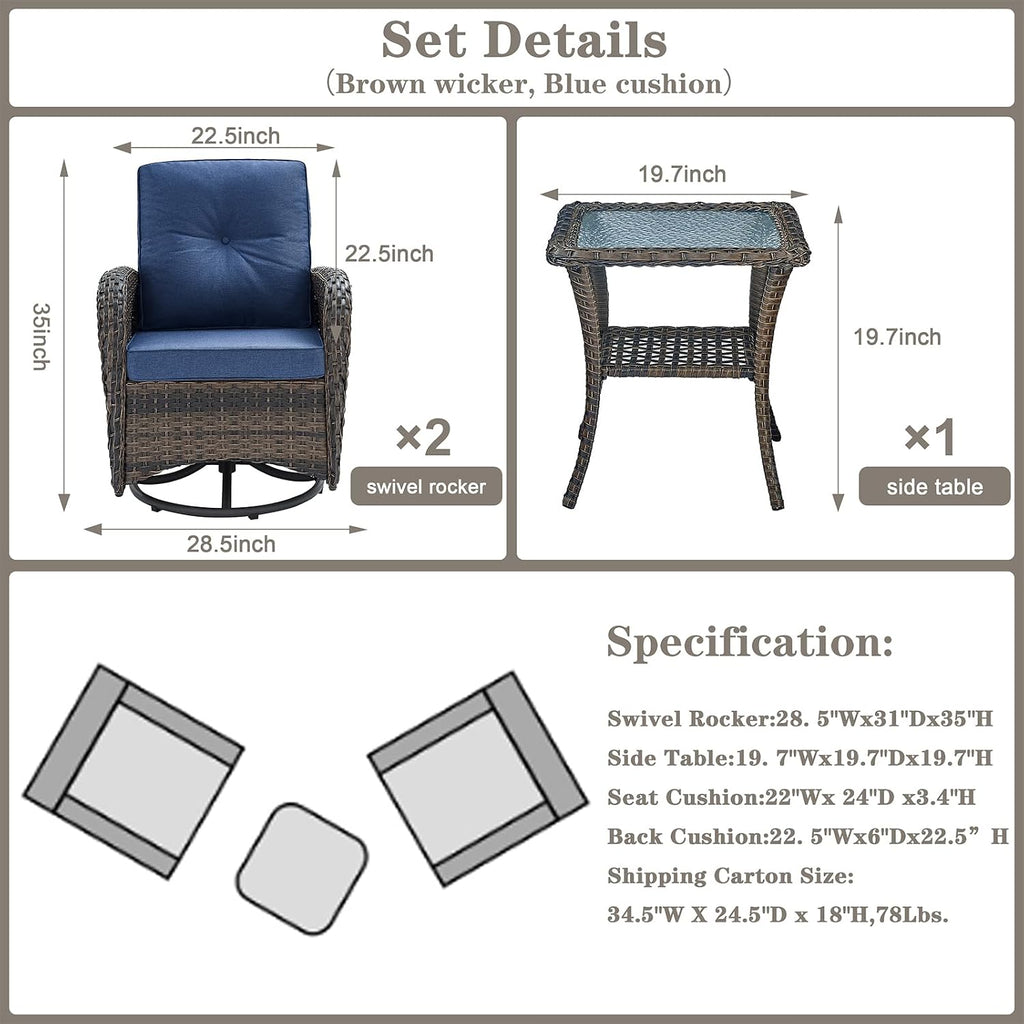 Patio Wicker Chairs Swivel Rocker - Outdoor Swivel Rocking Chairs Set of 2 with Rattan Side Table, Patio Swivel