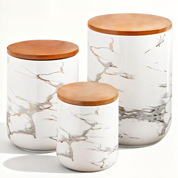 White Marble Ceramic Canister with Bamboo Lid, 3-Piece Airtight Jars