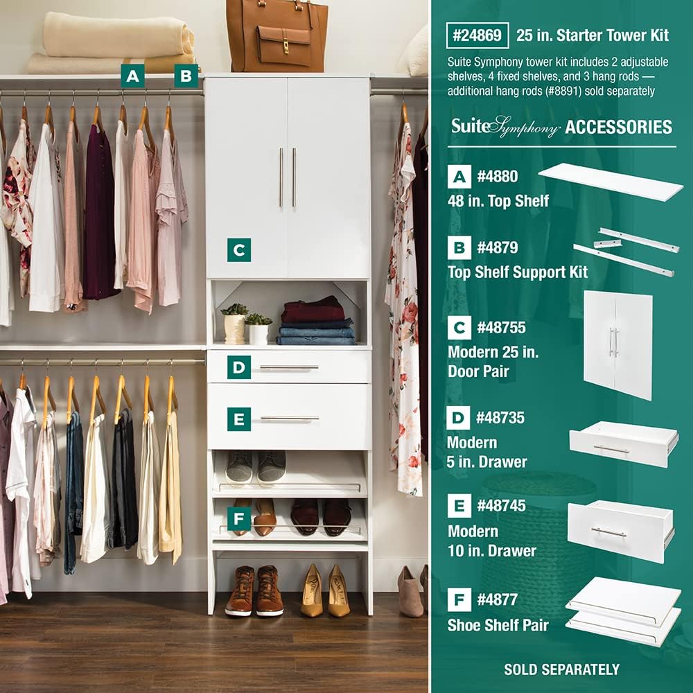 SuiteSymphony Wood Closet Organizer System, 25-Inch Starter Kit with Tower and 3 Hang Rods and Shelving, Adjustable