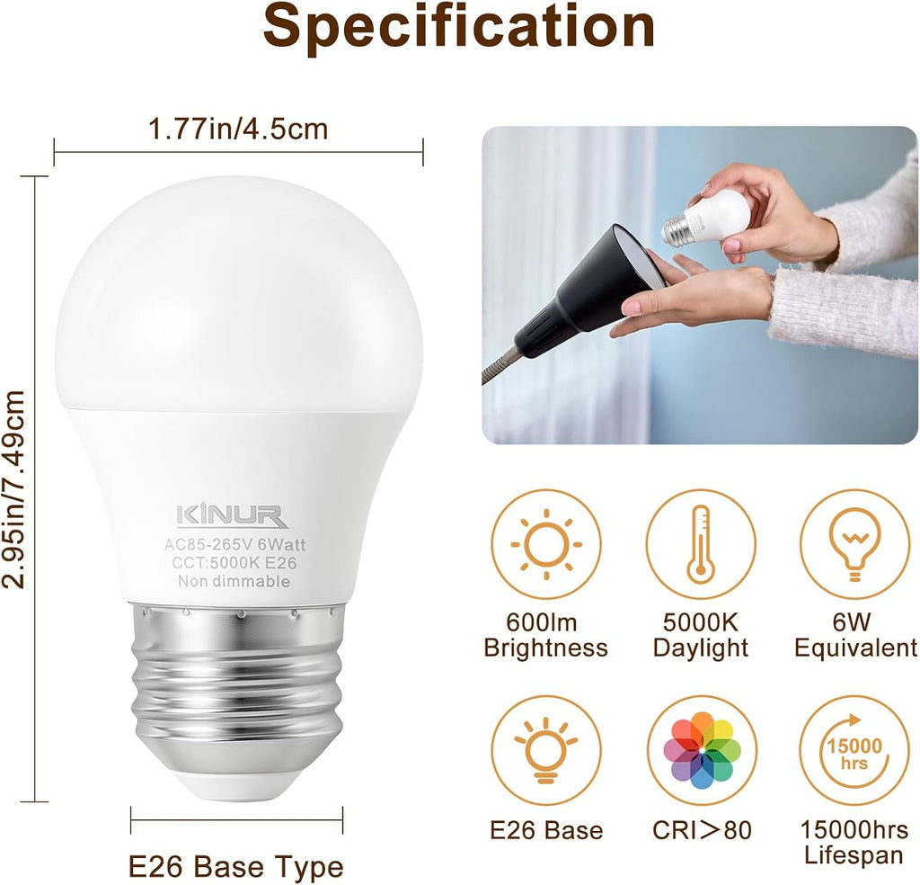 Small LED Ceiling Fan Light Bulbs, 6 watt A15 led Bulb E26 Daylight 5000K 60watt Equivalent Appliance Bulb
