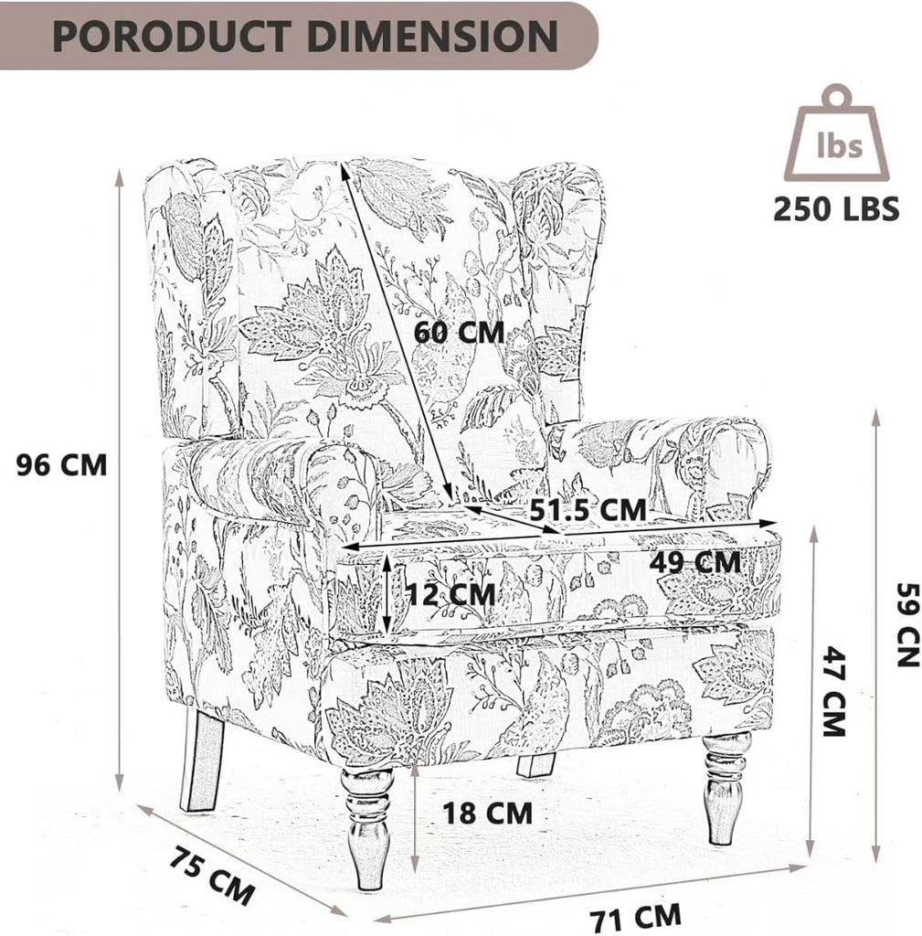 Modern Floral Accent Chair Retro Wood Legs, Linen Wingback Seat Bedroom Office, Bird Floral Single Sofa Chair with
