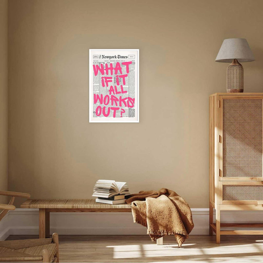 Retro Newspaper Pink Font Poster What If It All Works Out Canvas Wall Art Positive Affirming Quote Minimalist Prints