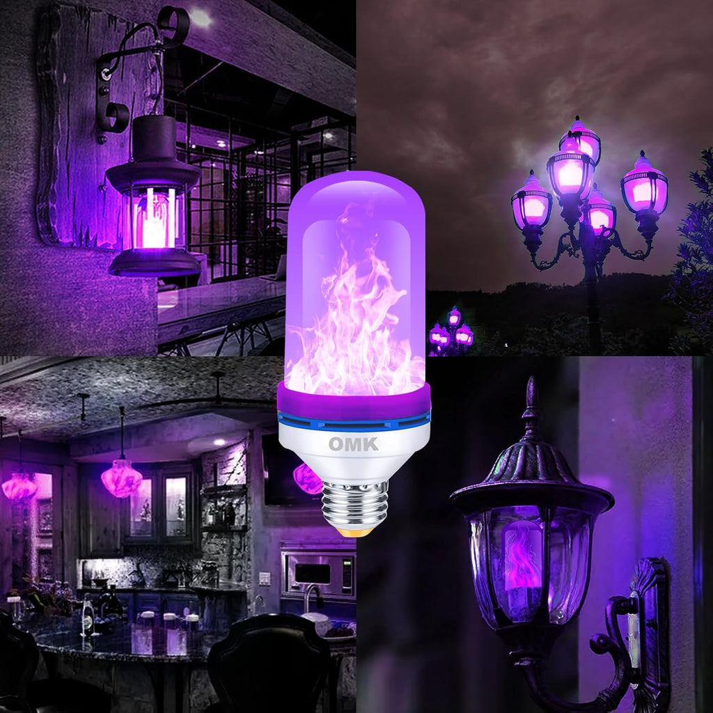 Purple LED Flame Light Bulbs - Flickering, Gravity Sensing, E26 Base, Holiday & Valentine Decoration