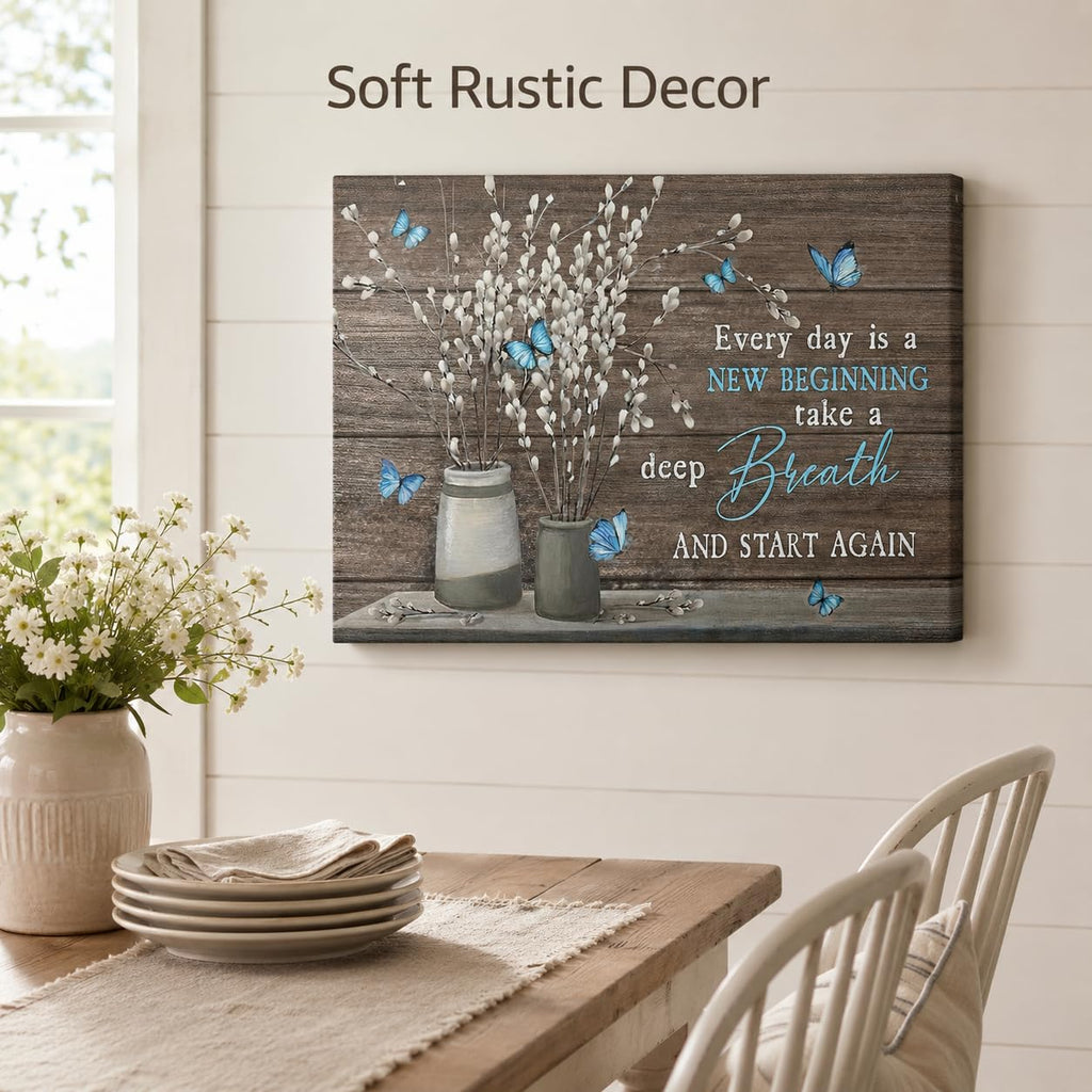 Farmhouse Bathroom Canvas Wall Art Vintage Rustic Country Flower Blue Butterfly Painting Picture Wall Decor Every day