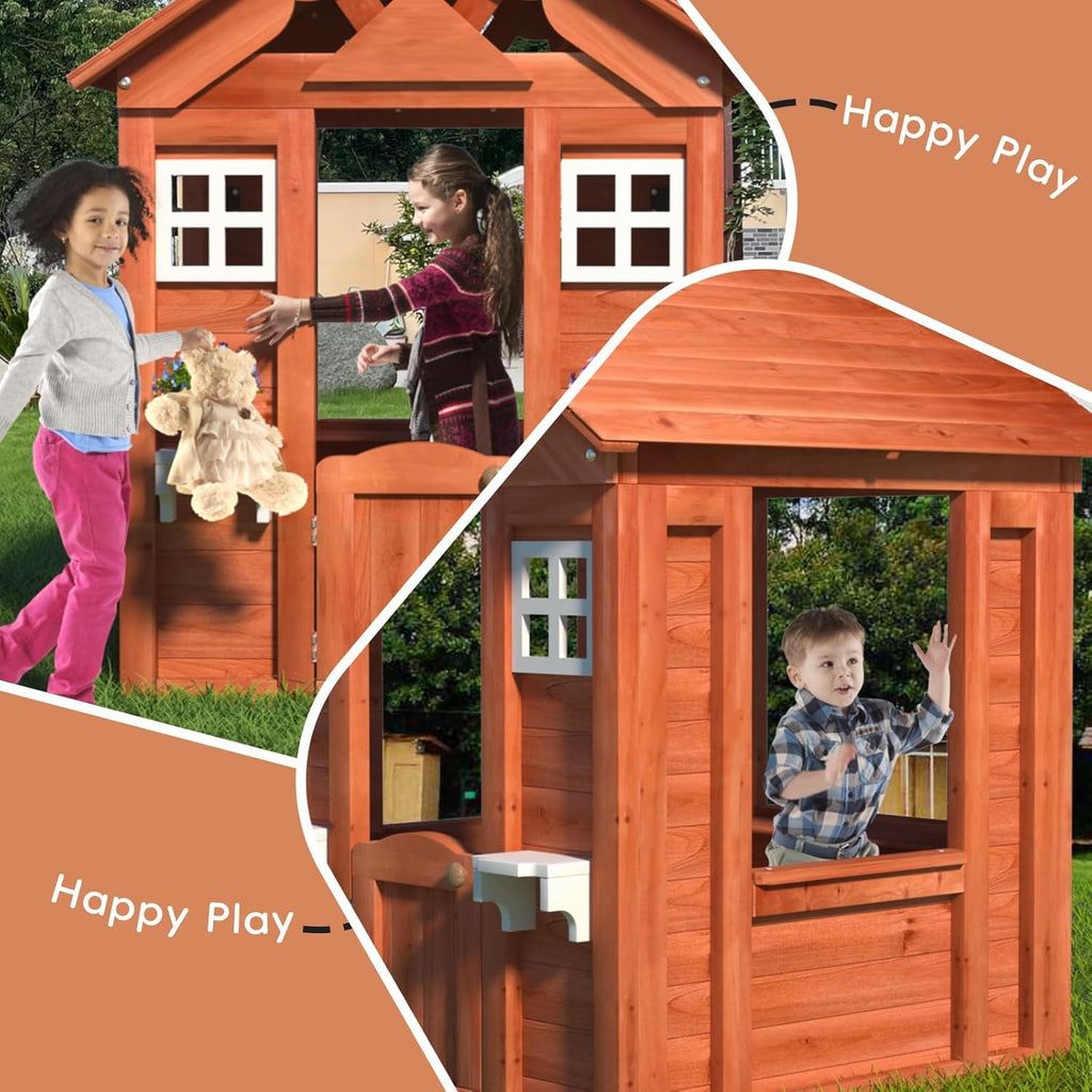 Kids Outdoor Playhouse with Door & 2 Windows - Wooden Backyard Play House for Ages 3-8 - 42"L x 46"W x 55"H - Easy