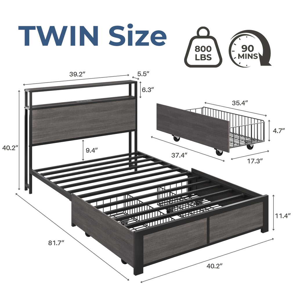 Bed Frame with 2-Tier Storage Headboard, Metal Bed Frame with 2 Storage Drawers, 3-in-1 Charging