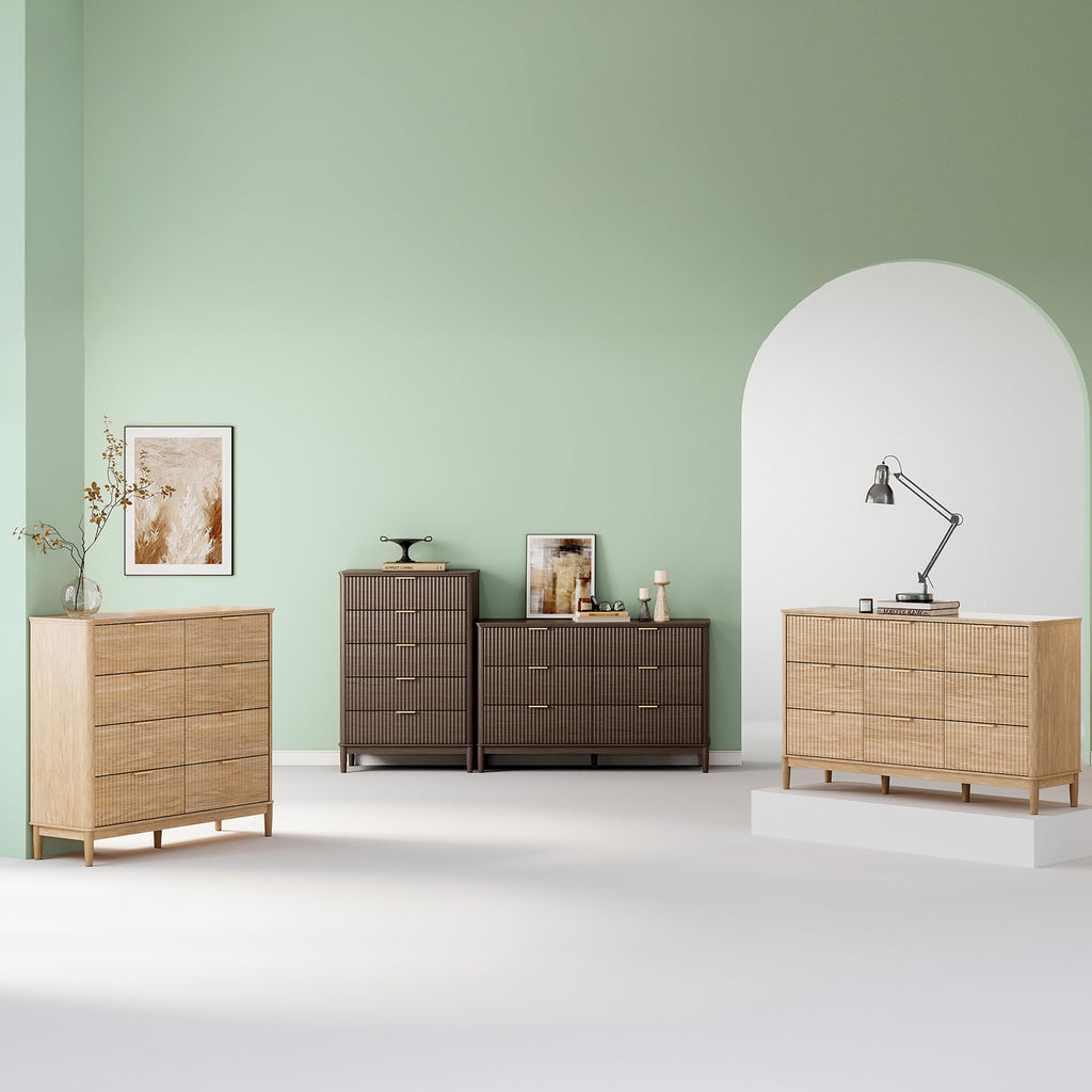 Fluted 9 Drawer Dresser, 58" Wide Mid-Century Modern Tall Chest of Drawers, Deep Storage Dresser with Curved Corner