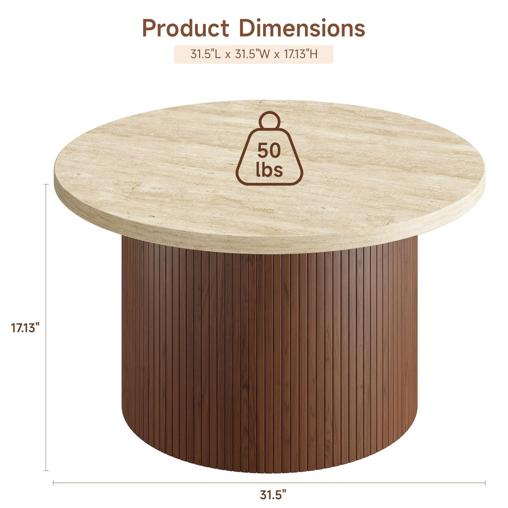 31.5" Round Coffee Table, Tambour Design, Travertine & Walnut