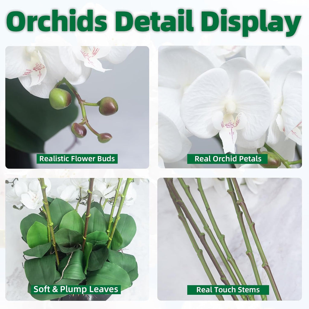 Orchids Artificial Flower Real Touch Fake Flowers in Large Ceramic Pot - Set of 9
