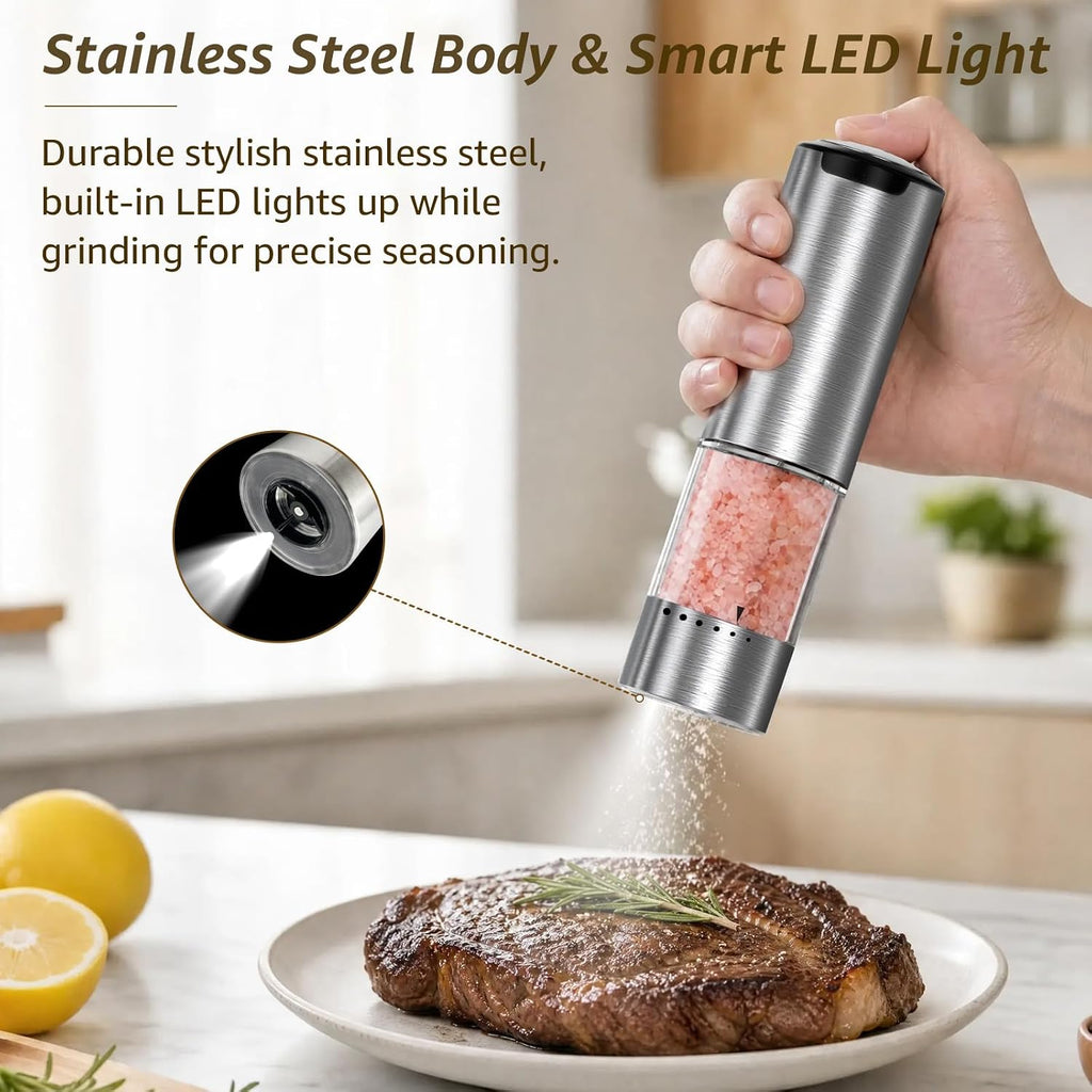 Electric Salt and Pepper Grinder Set Type-C Charging, 6 Levels, LED Light - Set of 2