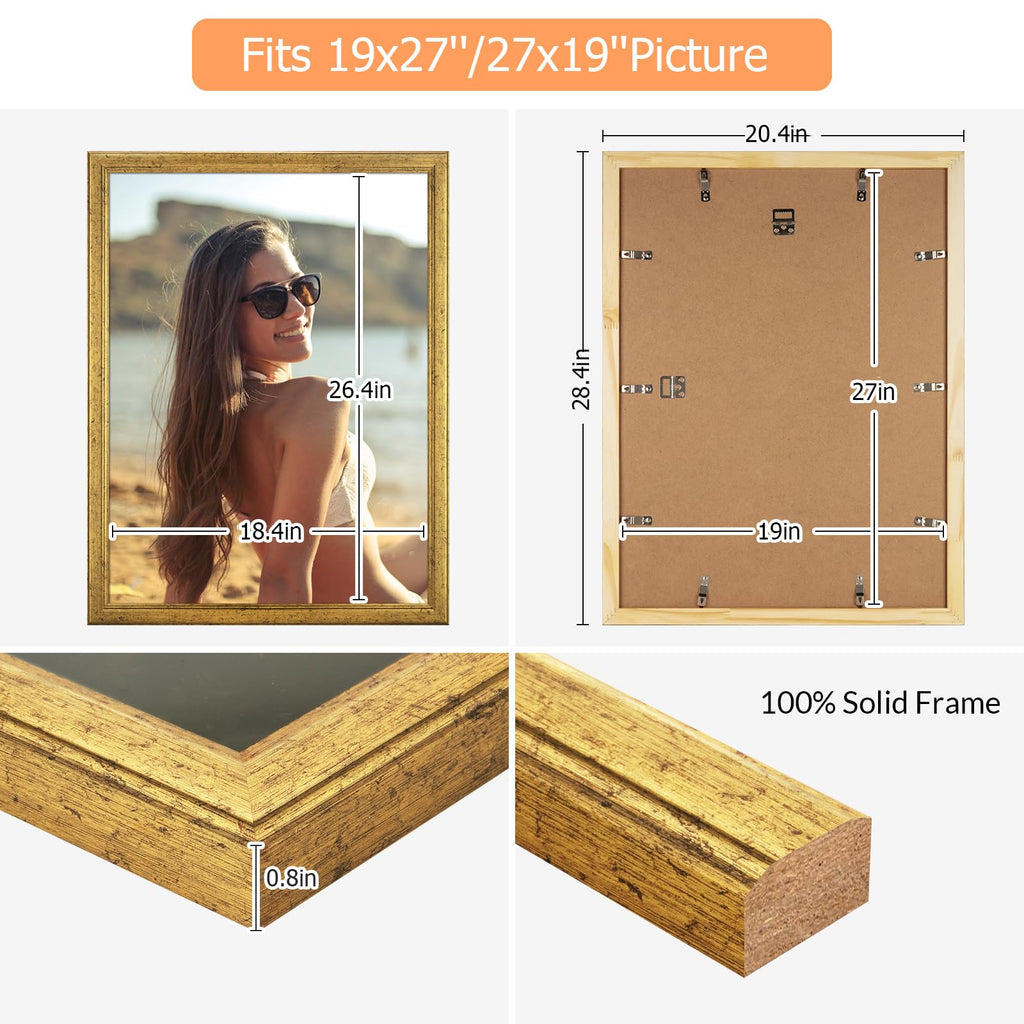 19x27 Wood Frame Gold, Ornate Natural 27x19in Picture Poster Frame, Modern Golden 19 x 27inch Gallery Wall Photo
