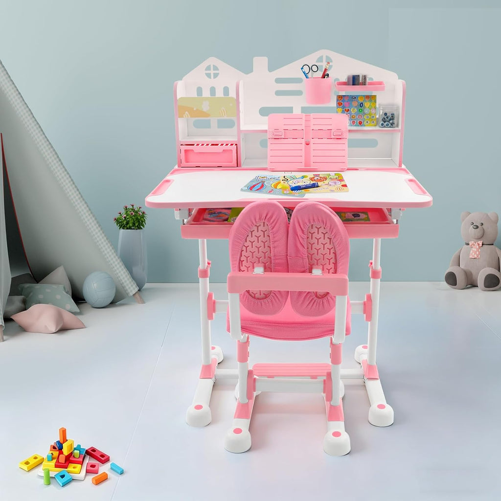 31.5'' Adjustable Kids Desk with Tilting Desktop & Bookshelf Hutch(Pink)