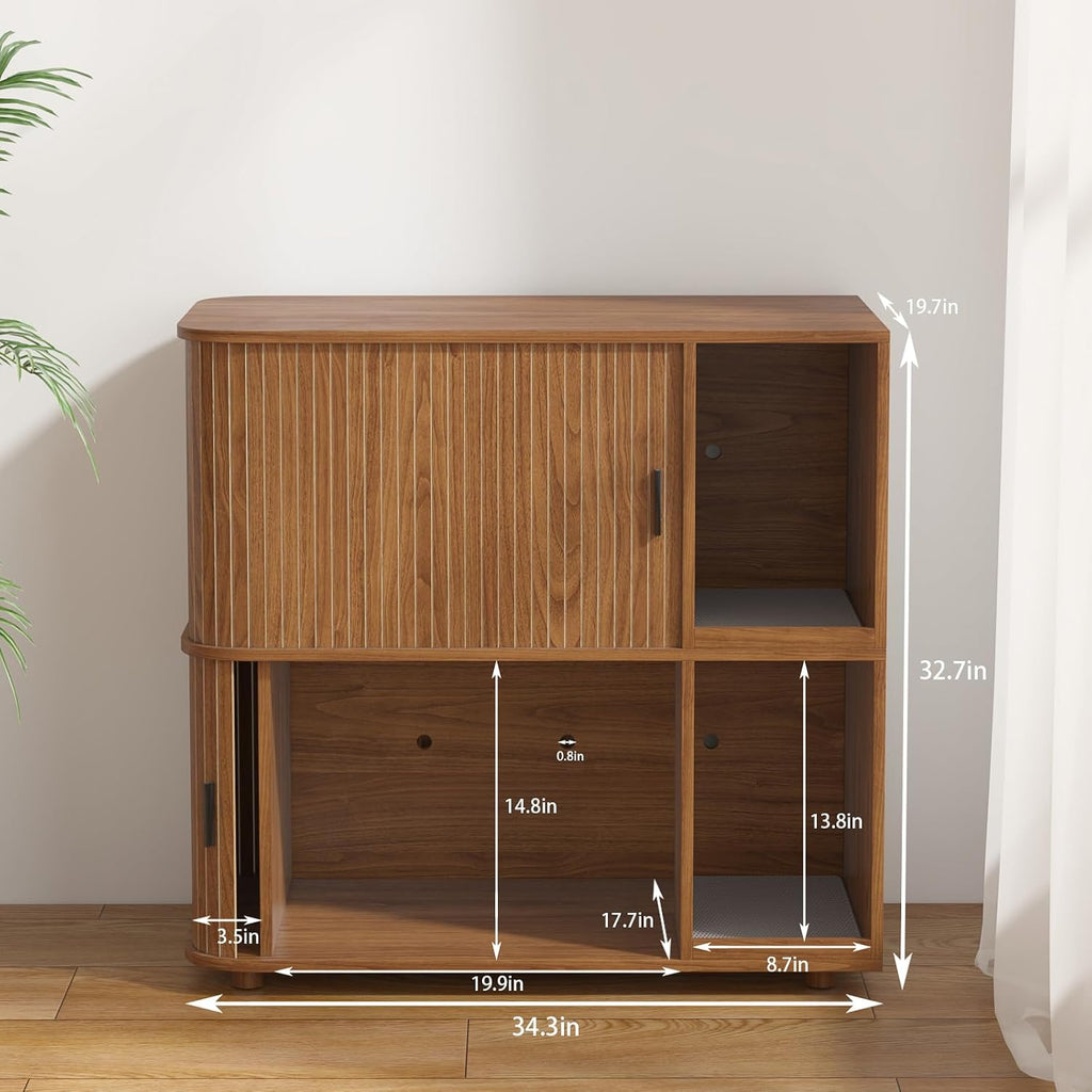 Double Cat Litter Box Enclosure with Sliding Doors & Ventilation, Walnut